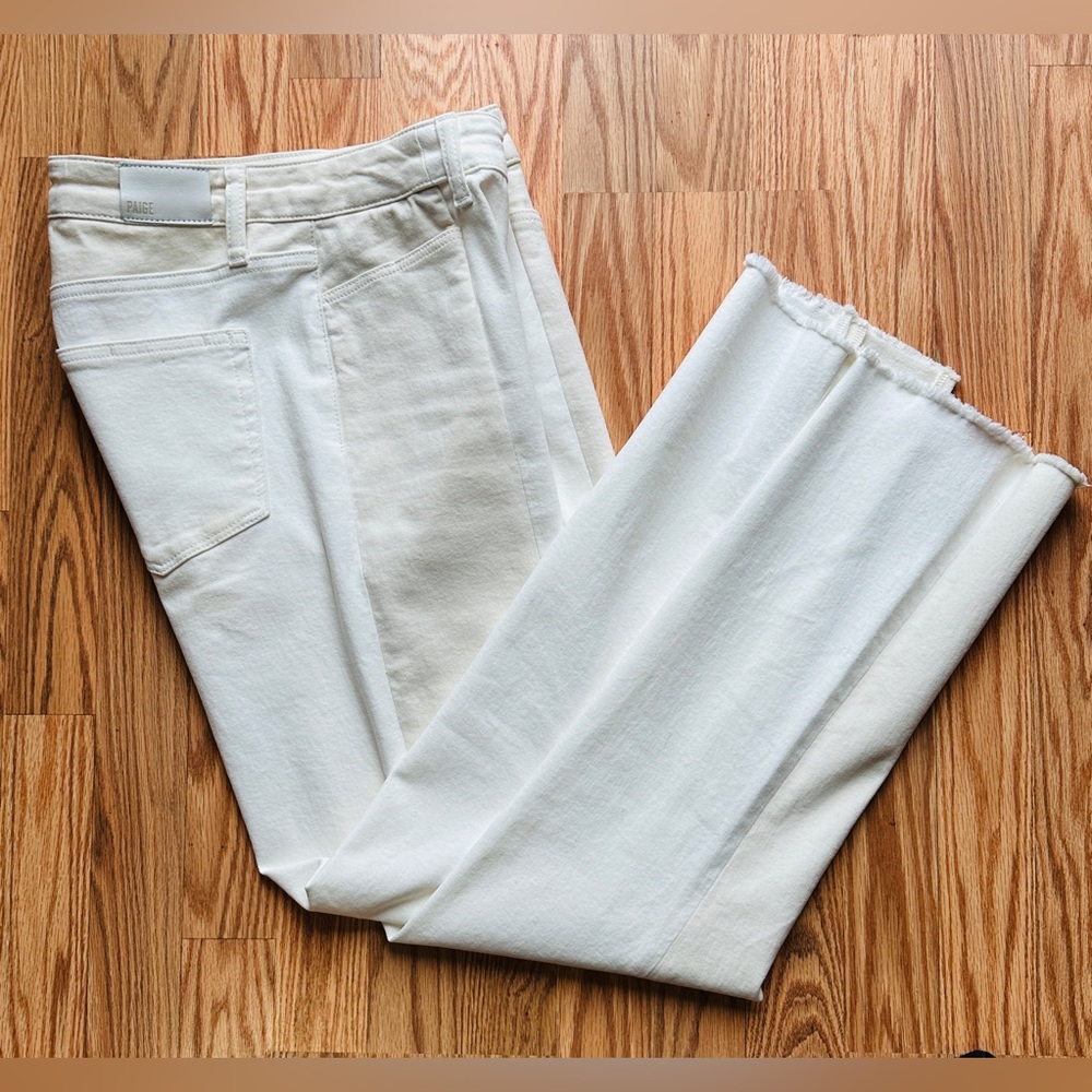 PAIGE Ecru Sunrise Stella Jean 2-panel 30 Fray Raw Hem Split Crop Straight Denim - Picture 3 of 16
